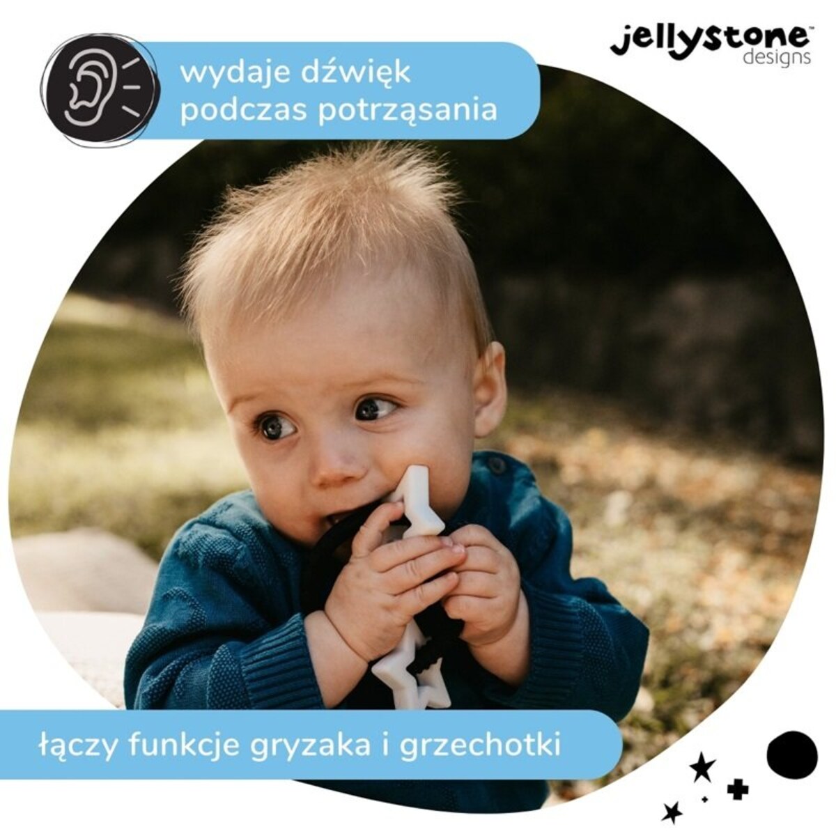 Gryzak dla dziecka Gwiazdki, czarno biały, Jellystone Design