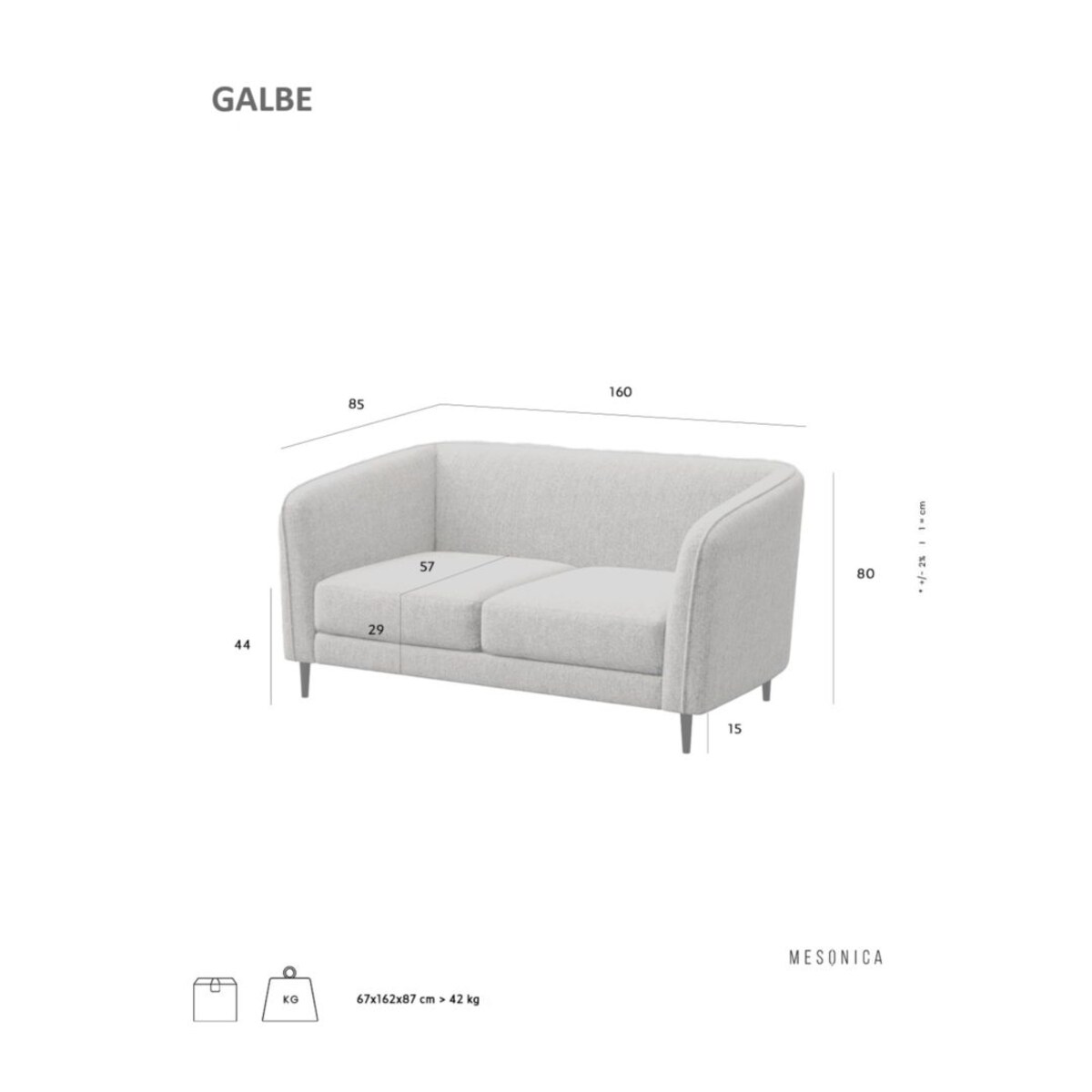 Galbe Sofa 2-osobowa - jasnoszara