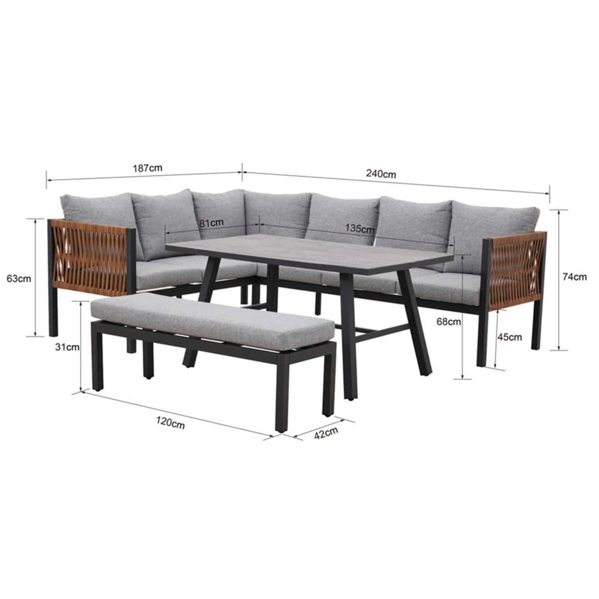 Zestaw mebli ogrodowych, jadalnianych Texas z narożnikiem szary
