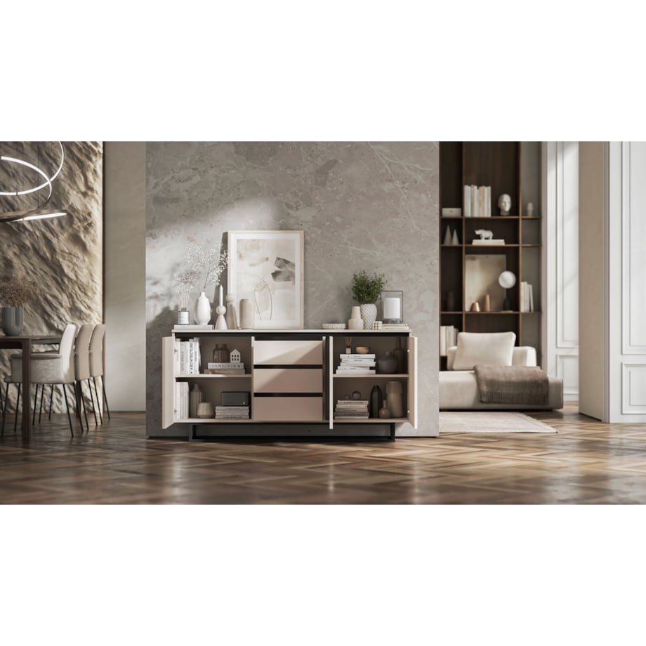 Komoda Glamour Szafka RTV Kaszmir MAT ryflowane fronty czarny stelaż 166,8 cm