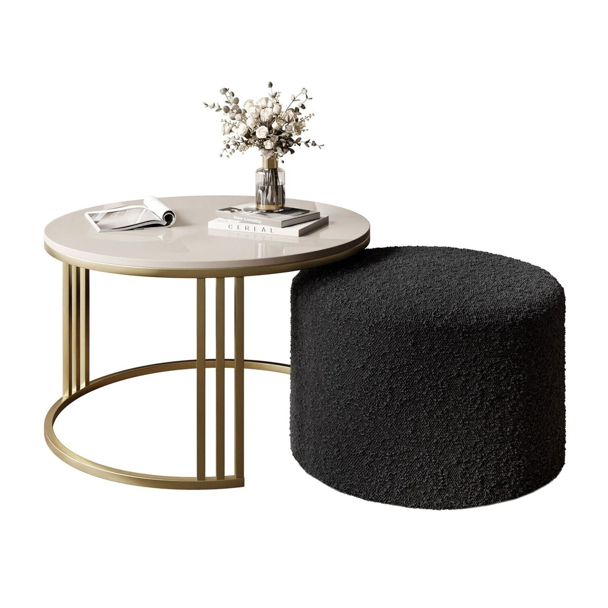 Stolik kawowy z pufą LORI POŁYSK złoto szczotkowane, kaszmir / Coral 60