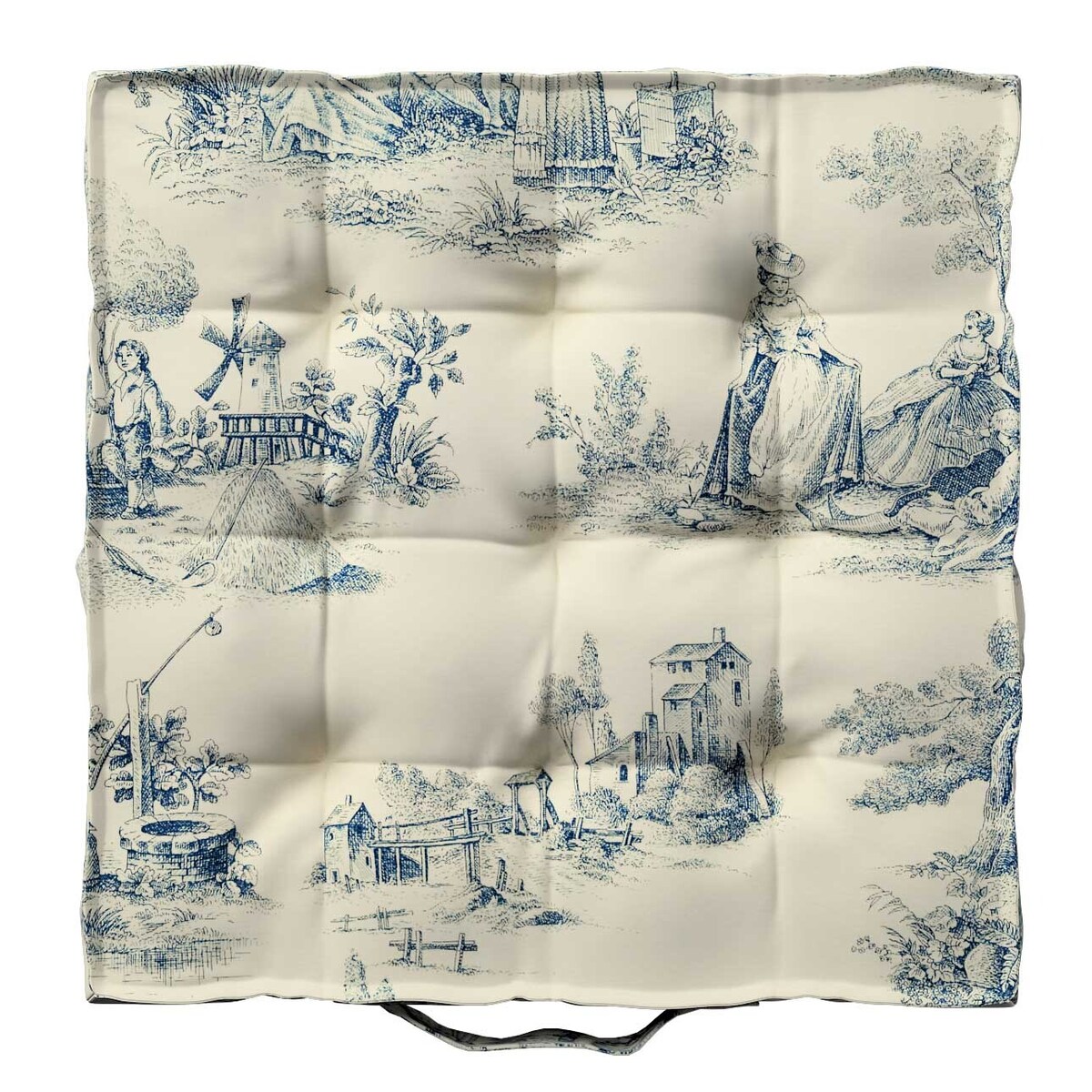 Poduszka na krzesło Kuba, scenki rodzajowe w kolorze niebieskim na tle ecru, 50 x 50 x 10 cm, Avinon