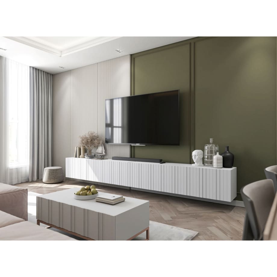 Wisząca Szafka RTV Glamour Nowoczesna Komoda RTV Biały MAT 300 cm