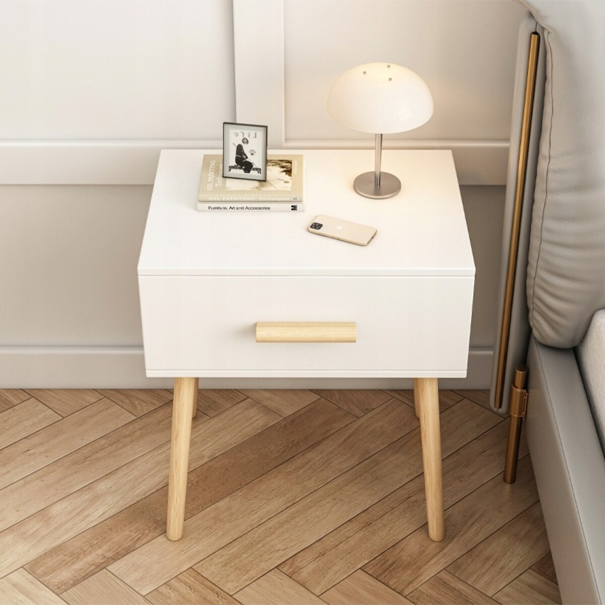 Szafka nocna biała stolik z szufladą skandynawski glamour sypialni loft