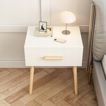 Szafka nocna biała stolik z szufladą skandynawski glamour sypialni loft