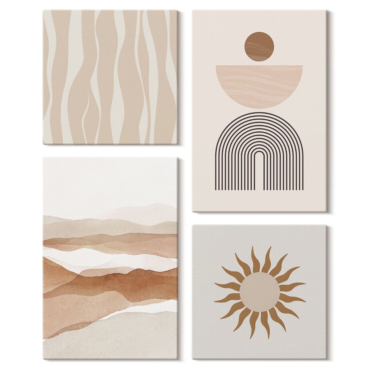 Zestaw 4 obrazów na płótnie - Abstrakcyjny pejzaż natura geometria boho - beżowy