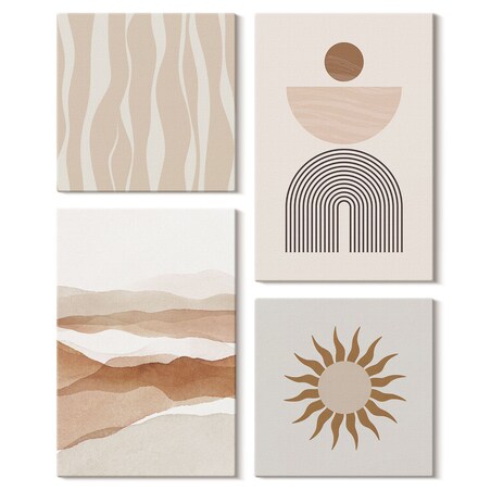 Zestaw 4 obrazów na płótnie - Abstrakcyjny pejzaż natura geometria boho - beżowy