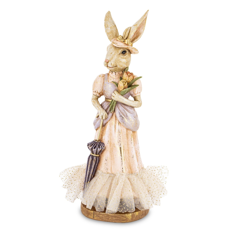 Dekoracja - pani królik w eleganckim stroju z parasolką i tulipanami 29x15x13 cm