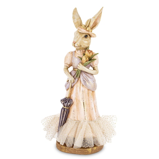 Dekoracja - pani królik w eleganckim stroju z parasolką i tulipanami 29x15x13 cm