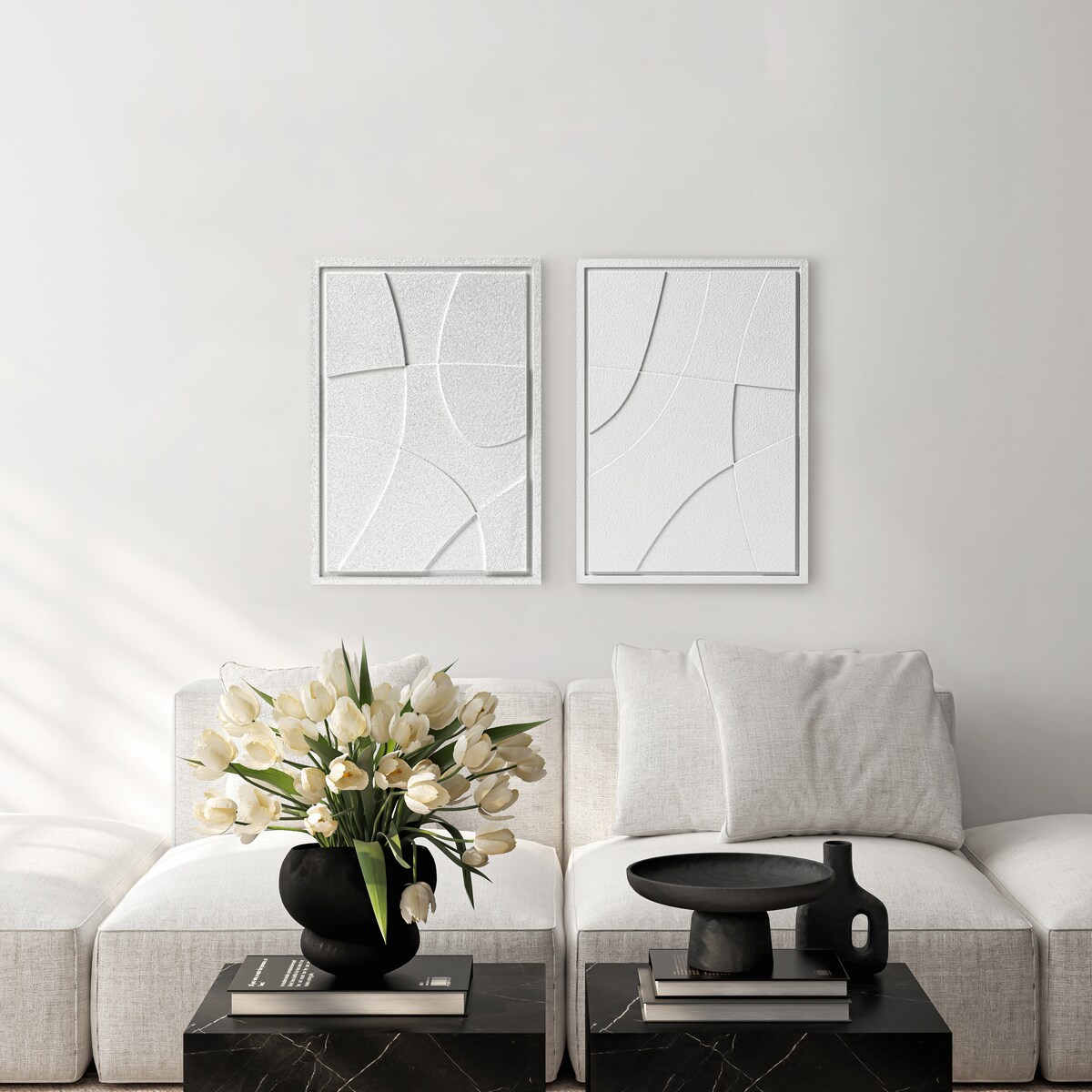 Zestaw 2 Obrazy 3D 50x70cm Abstract – Dekoracje ścienne z Tynku Naturalnego, Bianco, Minimalistyczne Reliefy