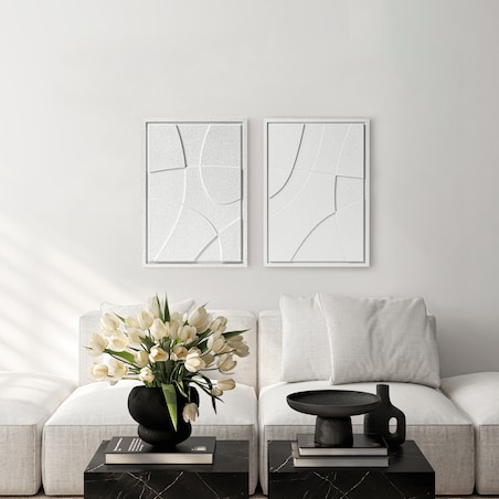 Zestaw 2 Obrazy 3D 50x70cm Abstract – Dekoracje ścienne z Tynku Naturalnego, Bianco, Minimalistyczne Reliefy