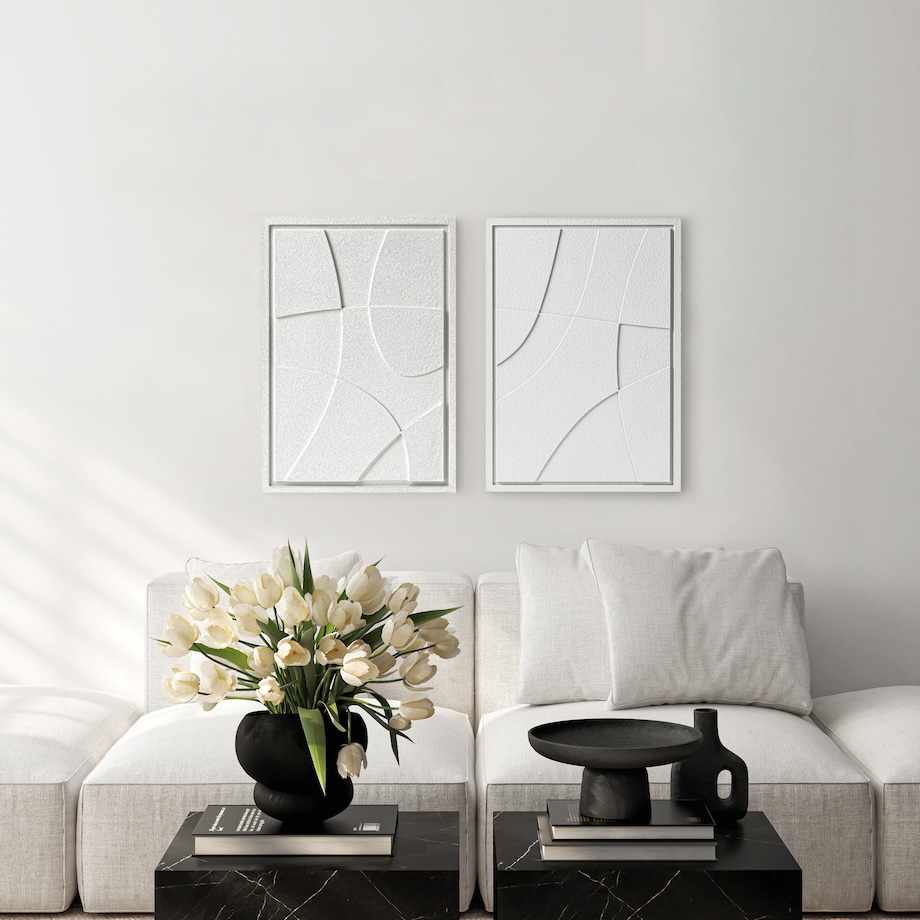 Zestaw 2 Obrazy 3D 50x70cm Abstract – Dekoracje ścienne z Tynku Naturalnego, Bianco, Minimalistyczne Reliefy