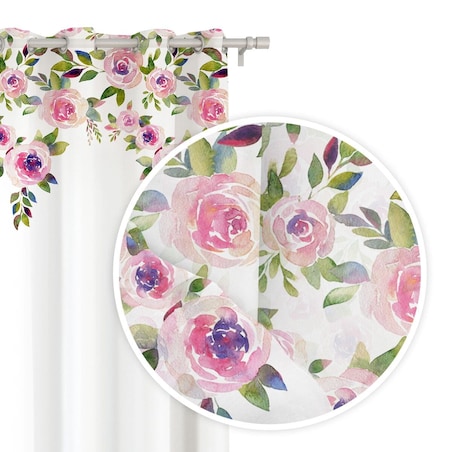 Biała Zasłona do Salonu w Kwiaty 140 x 250 Dekoracyjna Róże Piwonie Kwiaty