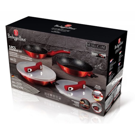 Zestaw 3 patelni z odłączaną rączką czerwony Metallic Line Burgundy BerlingerHaus BH-7053