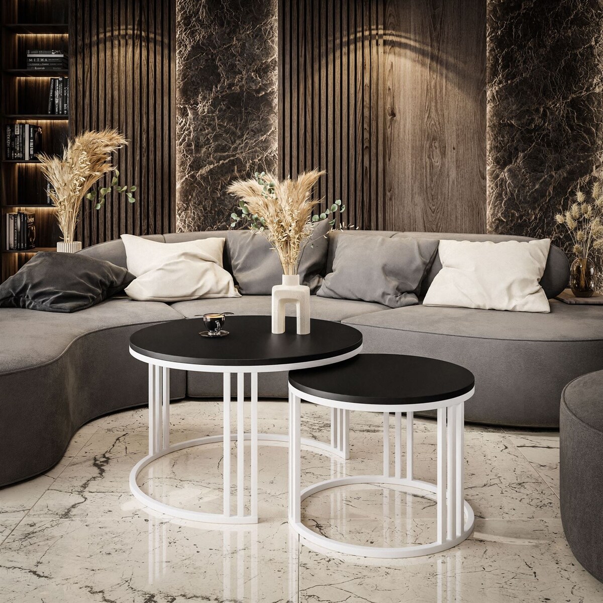 Okrągły stolik kawowy LORI 2w1 biały czarny mat