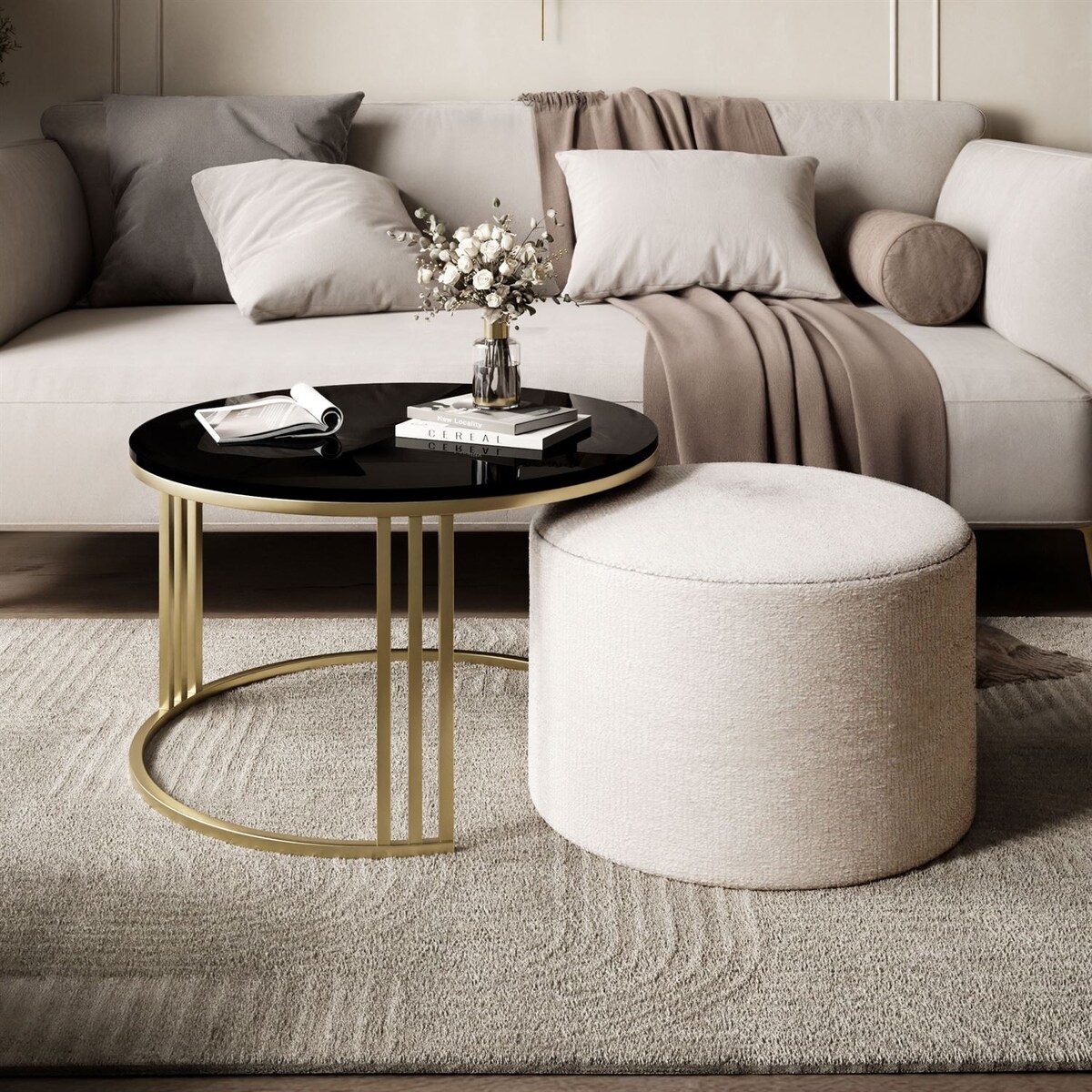Stolik kawowy z pufą LORI POŁYSK złoto szczotkowane, czarny / Perfect Harmony 01