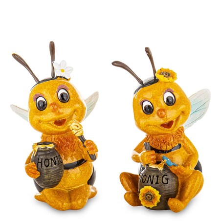 Dekoracja - para kolorowych pszczółek 13x7x7 i 12x7x8 cm API z baryłkami miodu