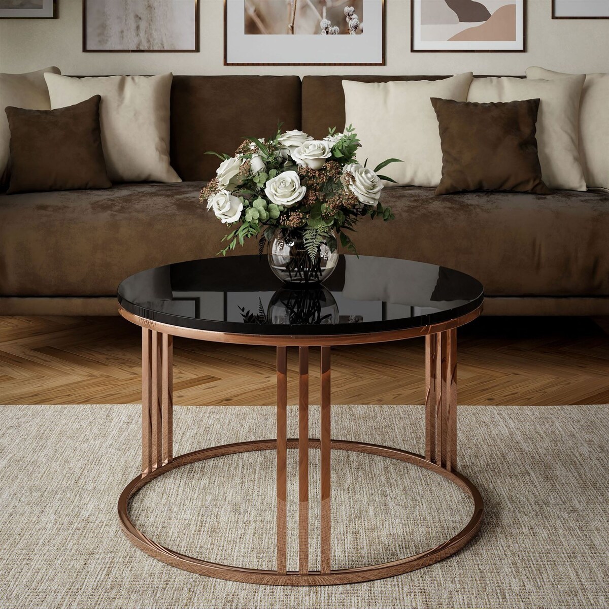 Okrągły stolik kawowy LORI połysk z miedzianym stelażem, czarny połysk