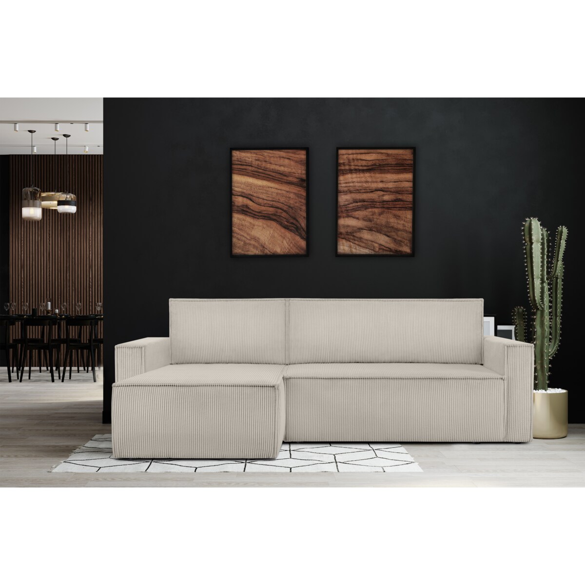 KONSIMO NAPI Duży rozkładany narożnik wykonany ze sztruksu w kolorze kremowym, prawy/lewy