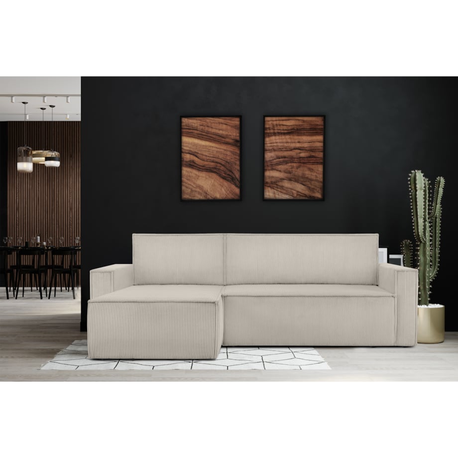 KONSIMO NAPI Duży rozkładany narożnik wykonany ze sztruksu w kolorze kremowym, prawy/lewy