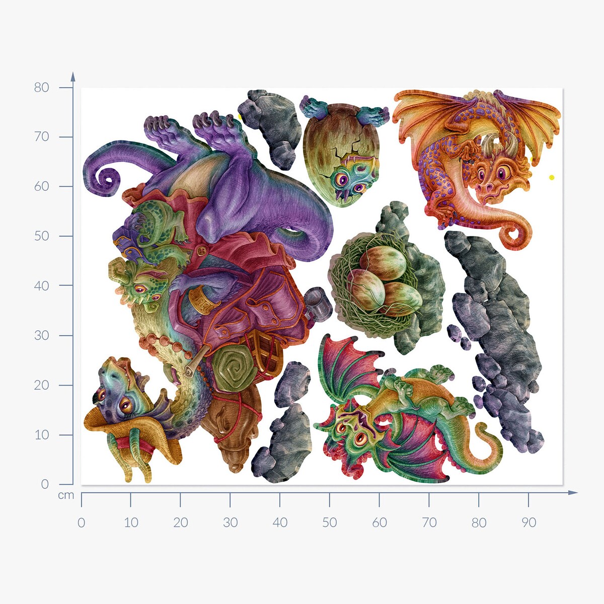 Zestaw naklejek na ścianę, Rodzina smoków, 80cm