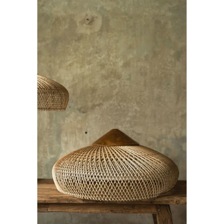 Rattanowa lampa z drewnem teakowym BONNET w rozmiarze M - naturalna