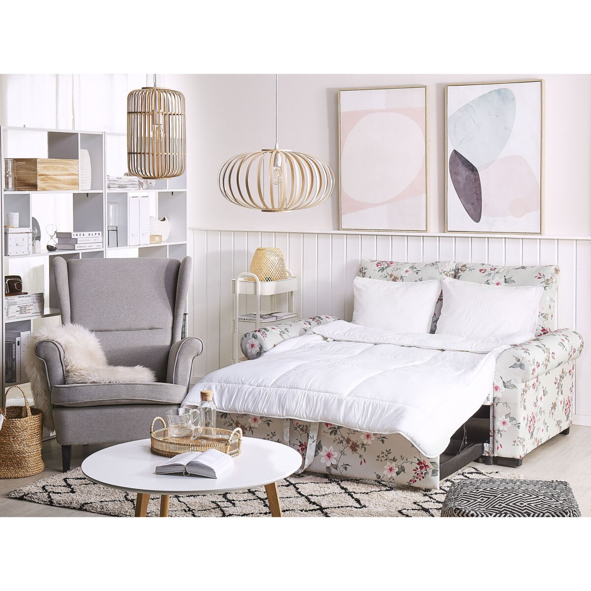 Sofa rozkładana w kwiaty jasnoszara SILDA