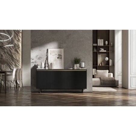 Komoda Glamour Szafka RTV Czarny MAT ryflowane fronty czarny stelaż 166,8 cm