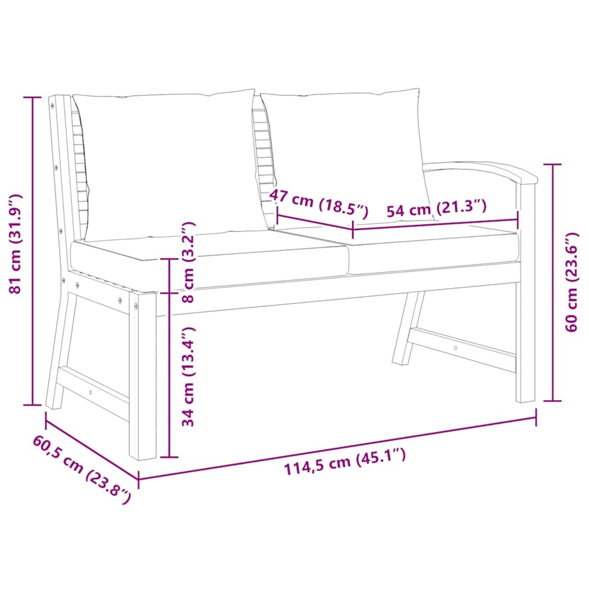 vidaXL Ławka ogrodowa, 114,5 cm, kremowe poduszki, drewno akacjowe