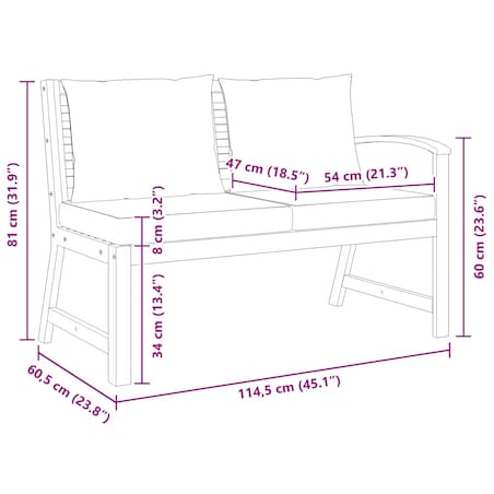 vidaXL Ławka ogrodowa, 114,5 cm, kremowe poduszki, drewno akacjowe