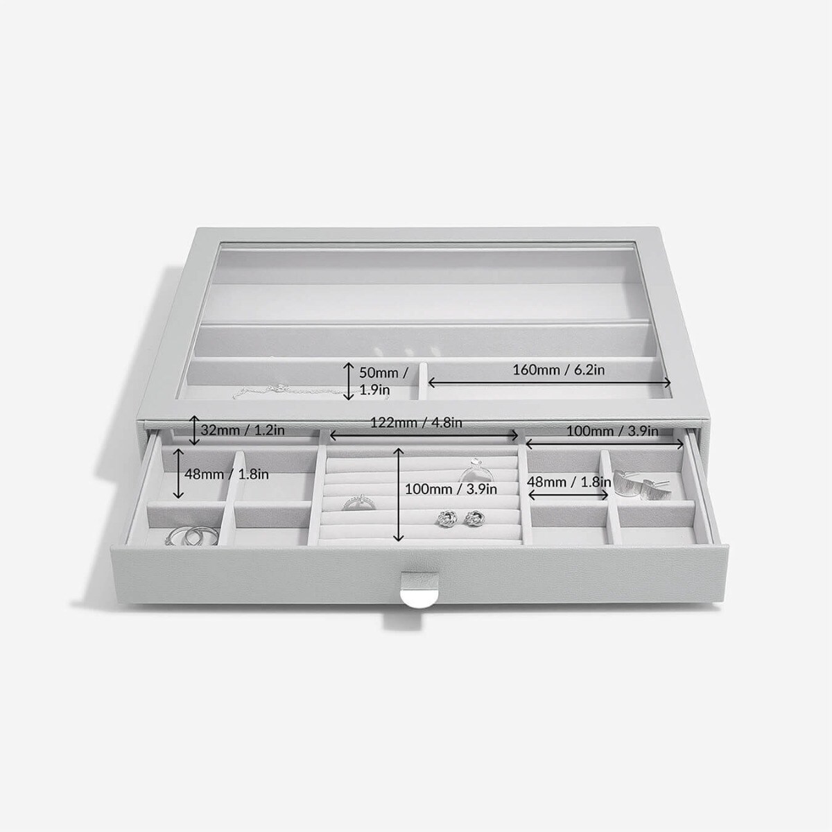 Szkatułka na biżuterię Stackers 15 komorowa supersize kamienna szarość z szufladą i szklaną pokrywką