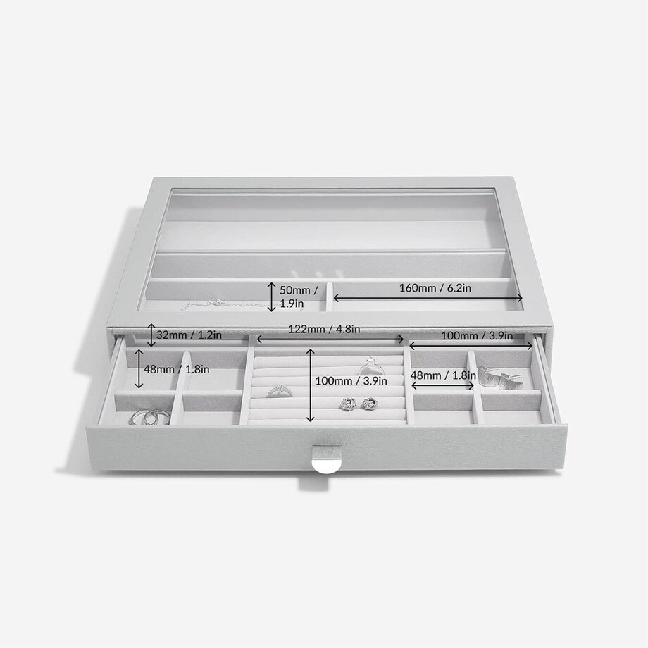 Szkatułka na biżuterię Stackers 15 komorowa supersize kamienna szarość z szufladą i szklaną pokrywką