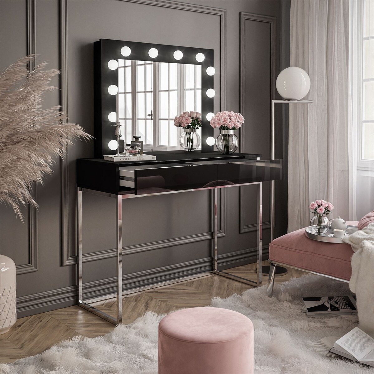 Toaletka BLANCO GLAMOUR 100x42x81 cm, czarna z chromowanym stelażem i lustrem