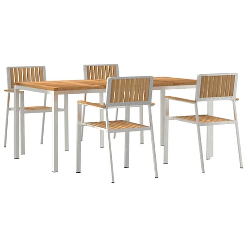 5-częściowy zestaw do jadalni ogrodowej vidaXL z litego drewna tekowego, Stół do jadalni vidaXL na świeżym powietrzu 180x90x75 cm z litego drewna tekowego, Zawiera 4 krzesła ogrodowe vidaXL z litego drewna tekowego i metalu