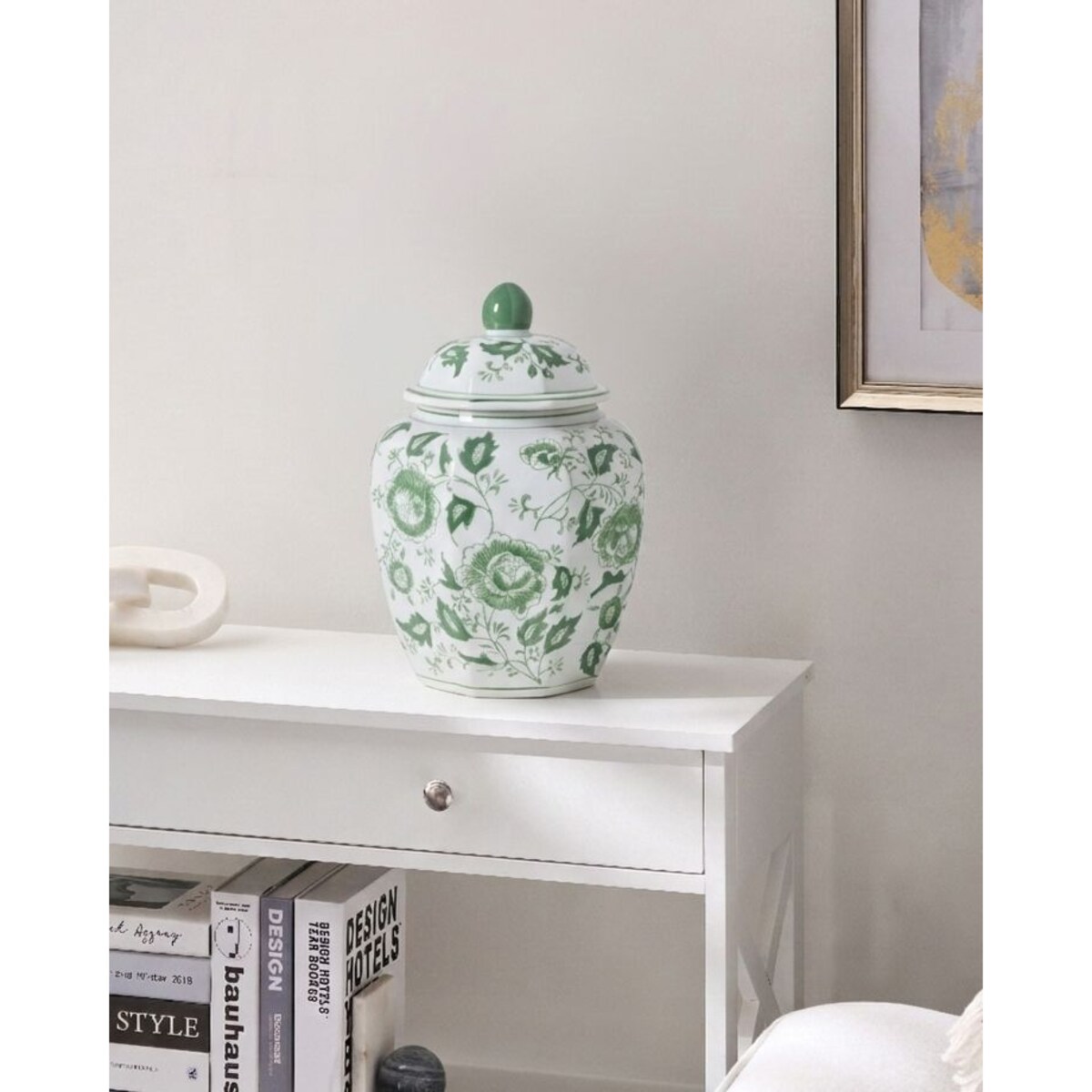 Wazon z pokrywką FERROL Porcelana 29 cm Biały/ zielony