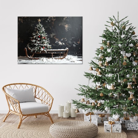 Obraz do salonu kuchni biura, Choinka boże narodzenie sanki śnieg