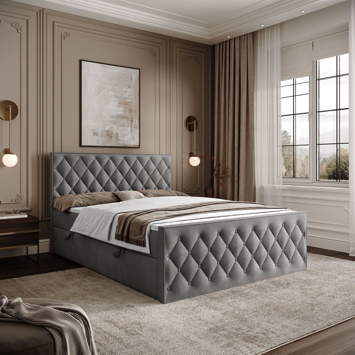 Łóżko kontynentalne INEZ II, pojemnik na pościel, 180x200, Royal Velvet 250, topper