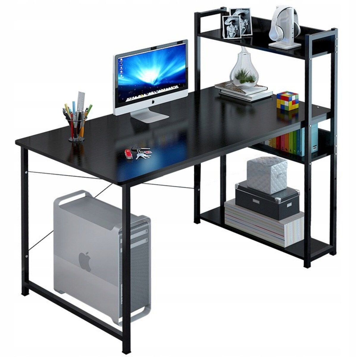 Biurko Komputerowe Stolik Loft Czarne Młodzieżowe Z Regałem Półkami 120 Cm