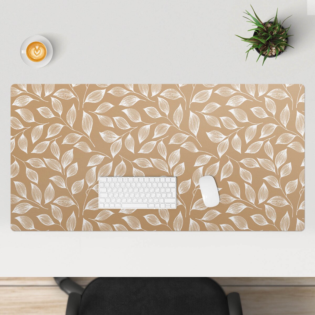 Beżowa mata na biurko Liście na gałązkach, 120x60 cm