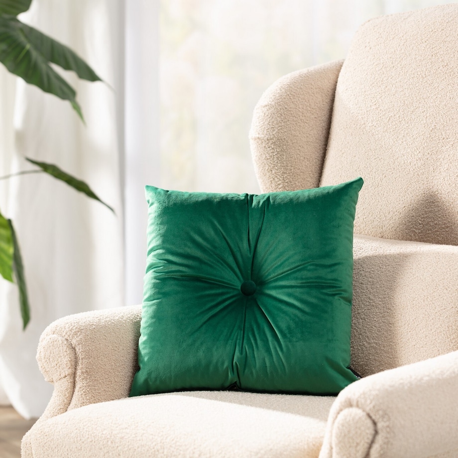 Poduszka kwadratowa Velvet z guzikiem, butelkowa zieleń, 37 x 37cm, Christmas
