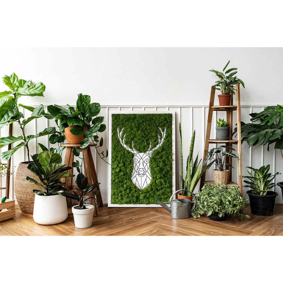 Obraz Geometryczny jeleń - mech chrobotek w białej ramie 40x60cm
