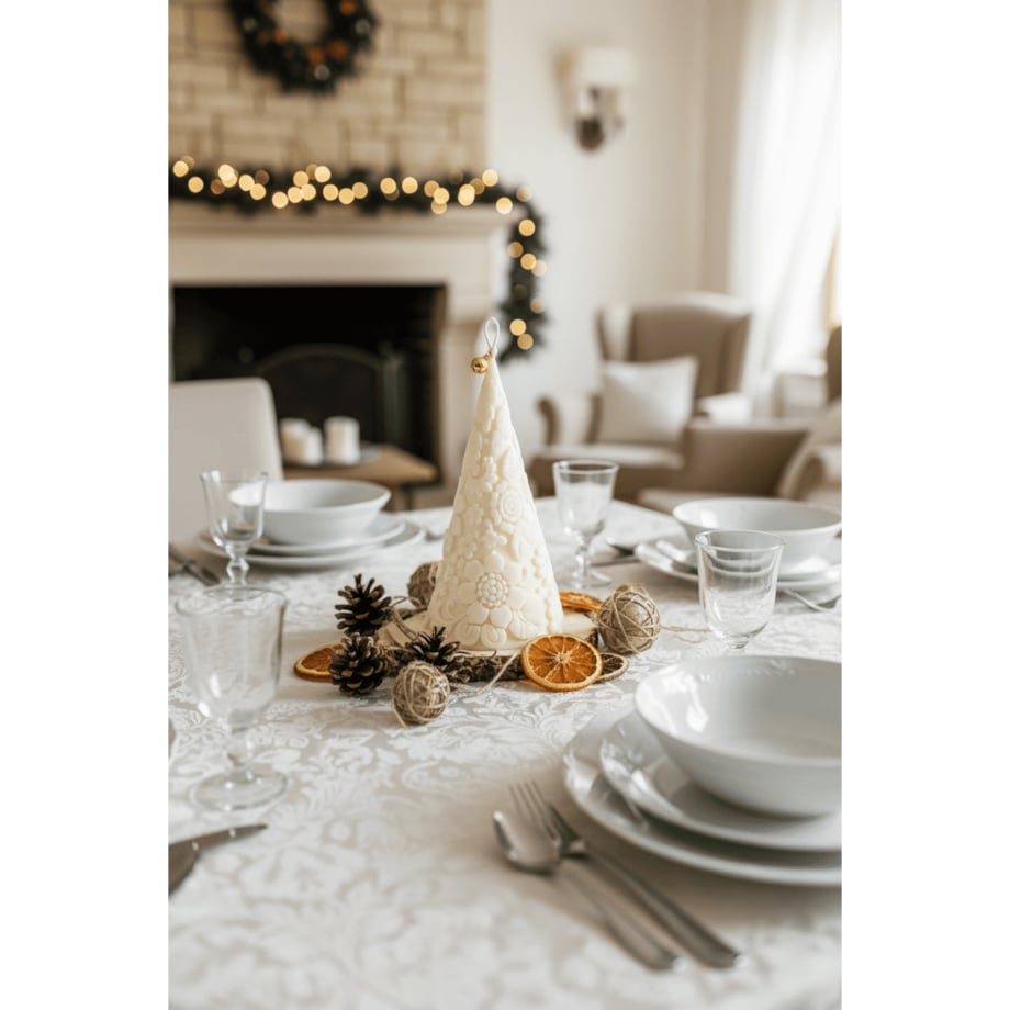 Świąteczna świeca choinka z wosku sojowego – dekoracja z motywem kwiatowym