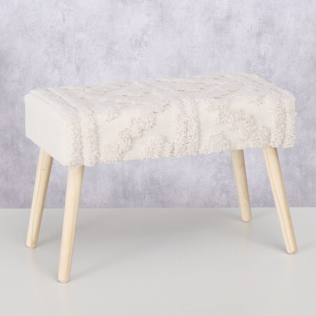 Ławka tapicerowana boho KADI z drewnianymi nogami, 60 x 32 x 41 cm