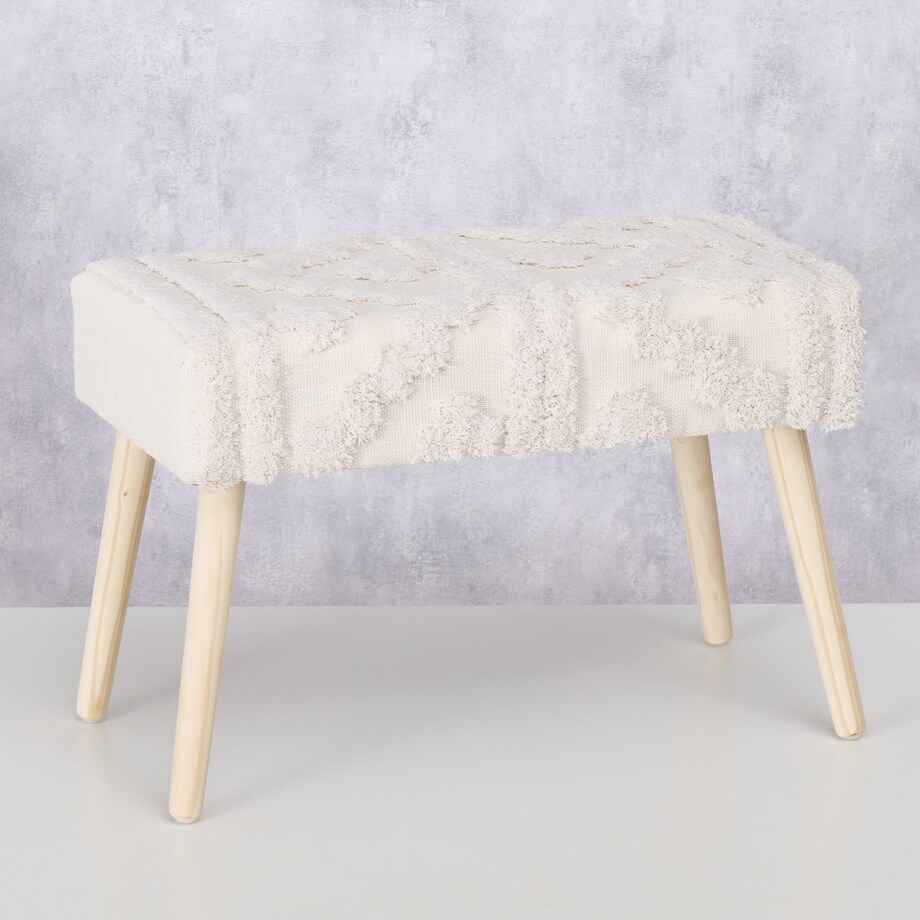 Ławka tapicerowana boho KADI z drewnianymi nogami, 60 x 32 x 41 cm