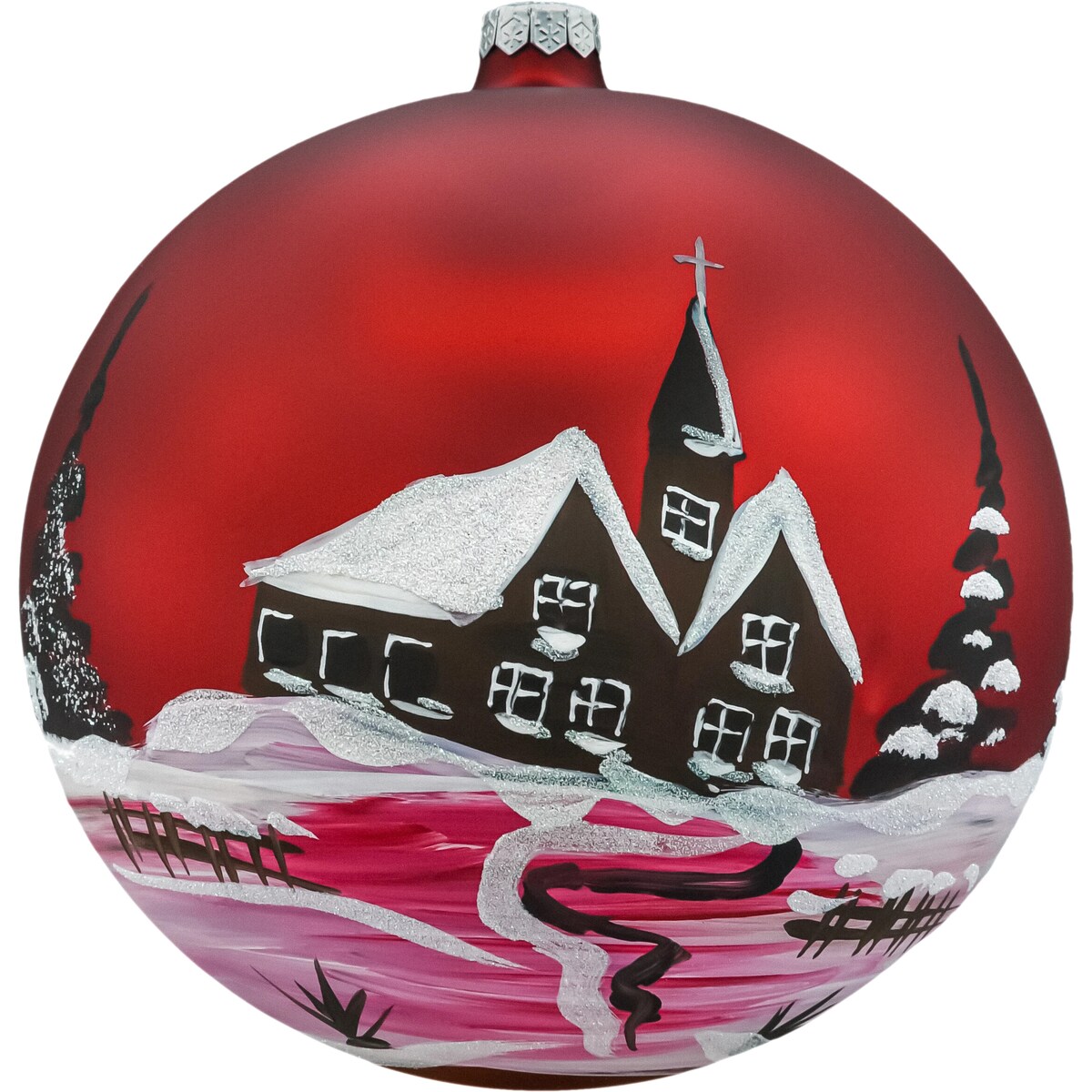 Bombka okrągła matowa: czerwony Zimowy Pejzaż