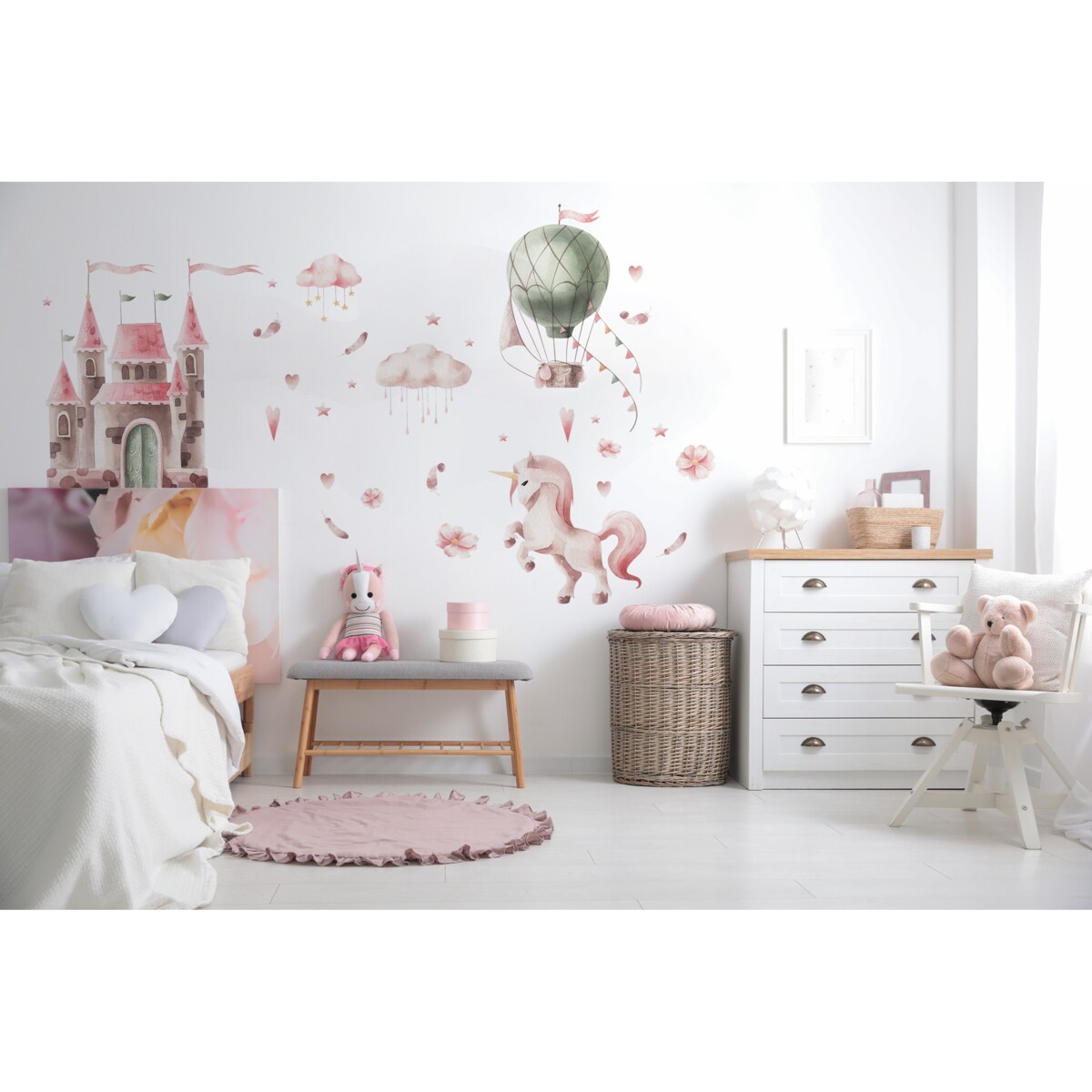 ZESTAW Naklejek DLA DZIECI Jednorożec Akwarelowy Zamek Balon Różowe Chmurki 60x30cm