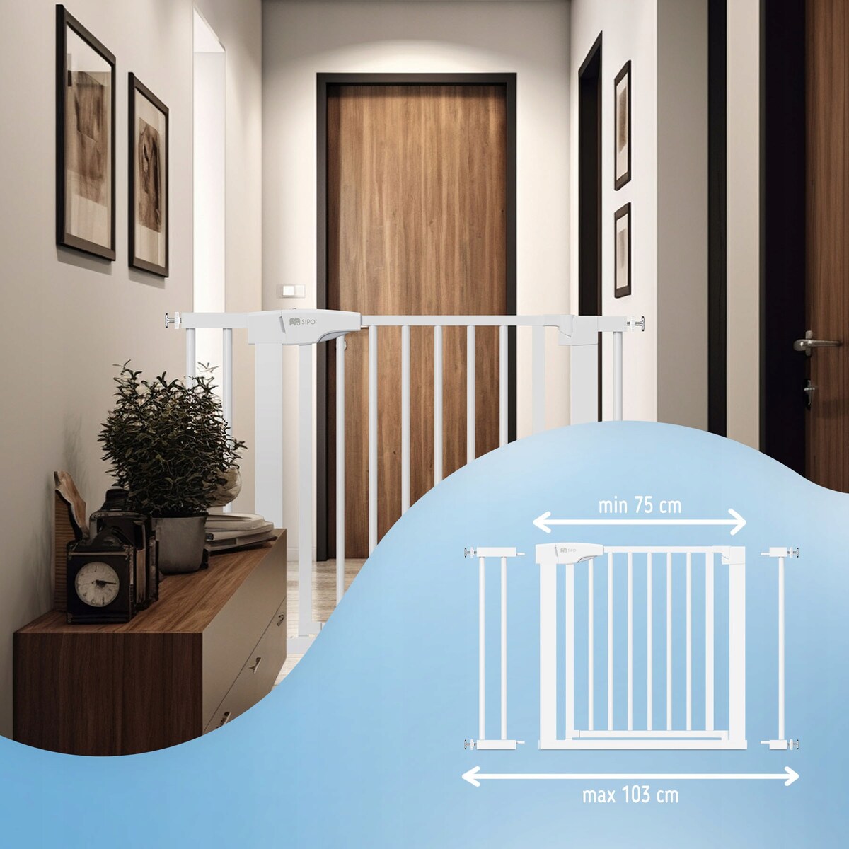 bramka na schody zabezpieczająca, barierka ochronna, sipo, 75-103 cm, biała