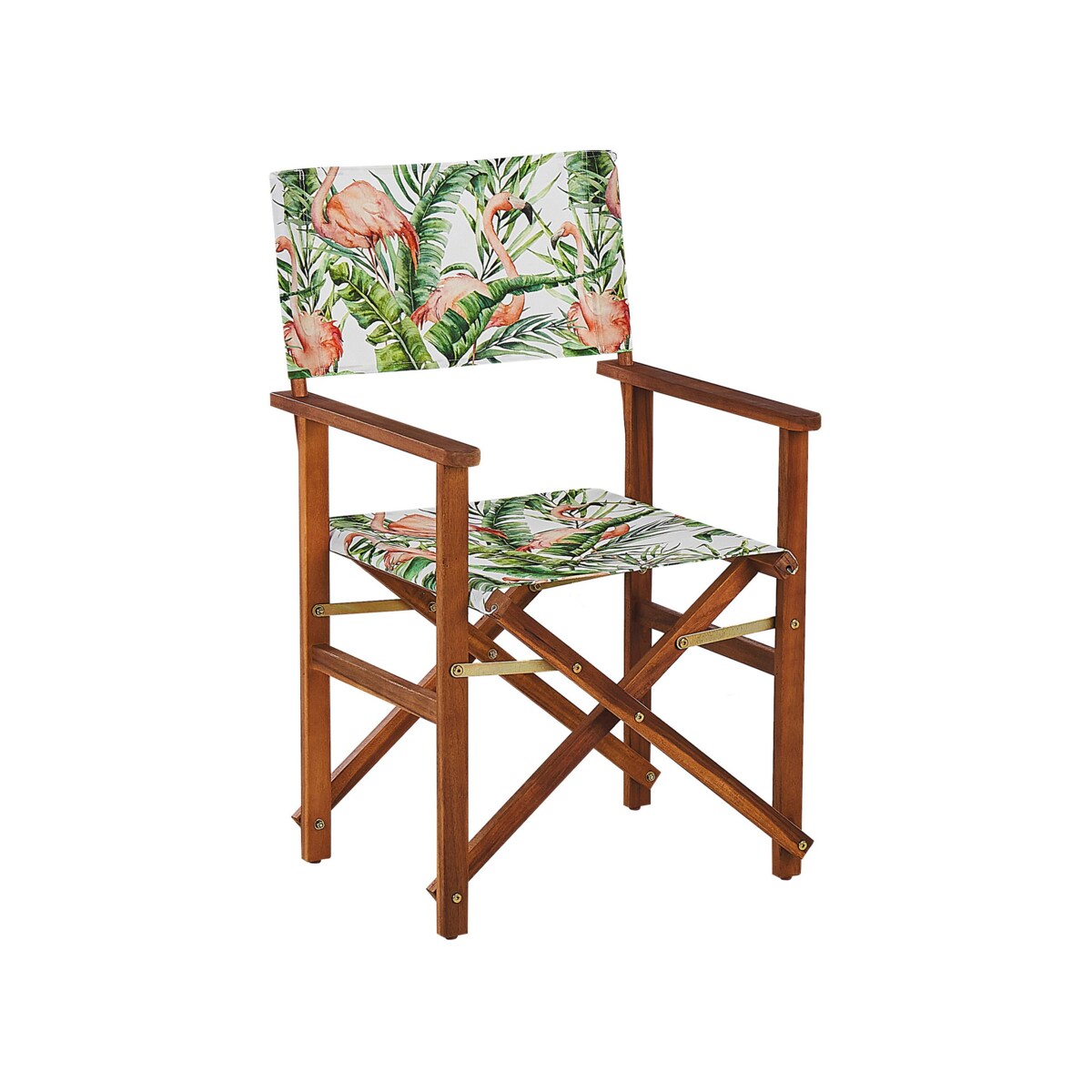 Zestaw 2 krzeseł ogrodowych akacjowy ciemne drewno z białym / wzór we flamingi CINE