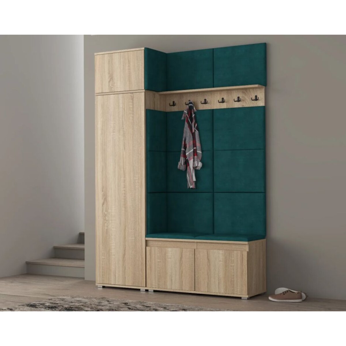 Garderoba z siedziskiem i nadstawką do przedpokoju SINGAPUR 154 dąb sonoma/zielony