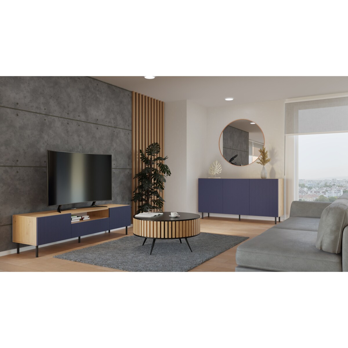 KOMODA KAMA3 SLIM RYFLOWANY FRONT LAMELE GRANATOWY